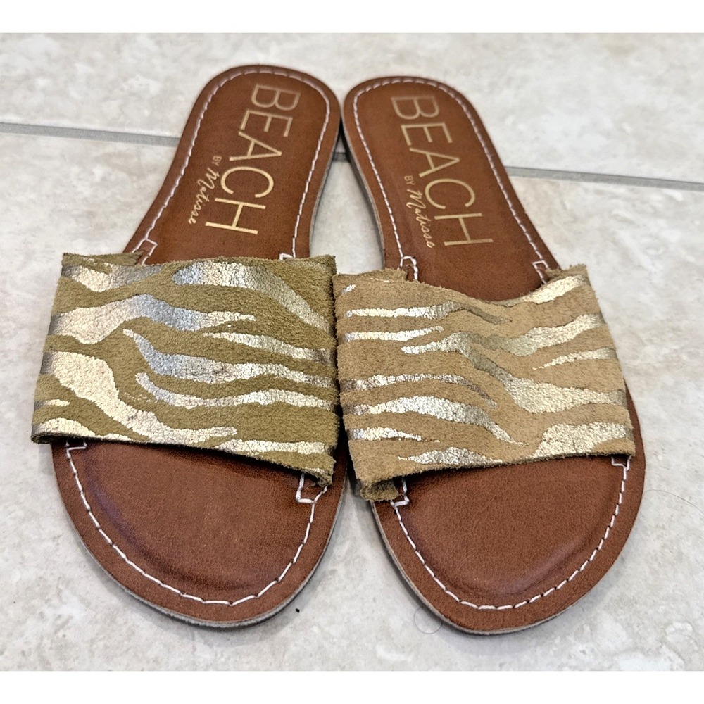 Beach by Matisse Cabana Slides Beige Gold Zebra Suede Sandals Sz 7 Beach Cruise‎